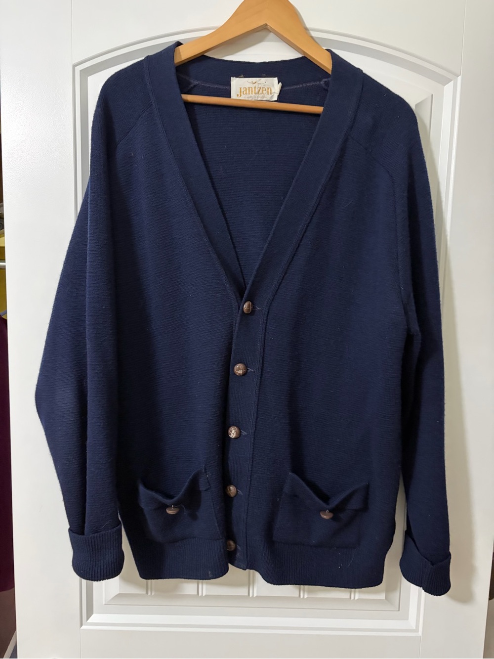 Vintage Jantzen Men's Navy Wool Blend Cardigan Sweater Size Large